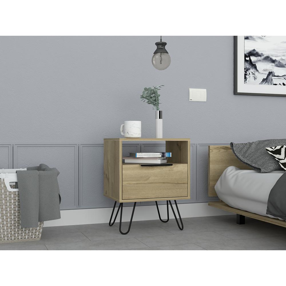 DEPOT E-SHOP Begonia Night Stand-Two Shelves, One-Door Drawer, Four Steel Legs-Light Oak, For Bedroom