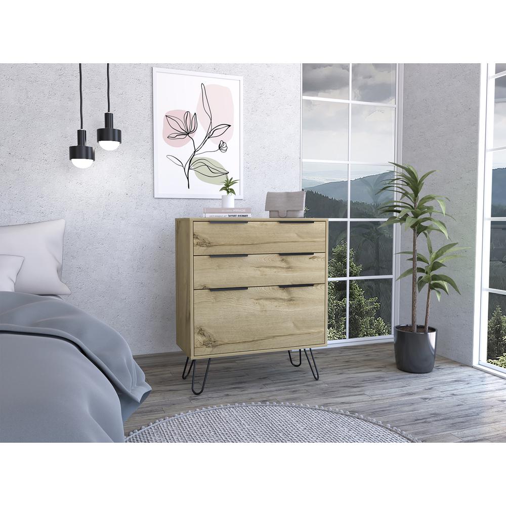 DEPOT E-SHOP Saffron Dresser- Three Drawers, Countertop, Four Steel Legs-Light Oak, For Bedroom