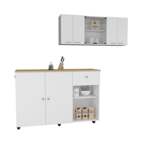 Tigard 2 Piece Kitchen Set, Syros Kitchen Island Cart + 150 Wall Cabinet Glass