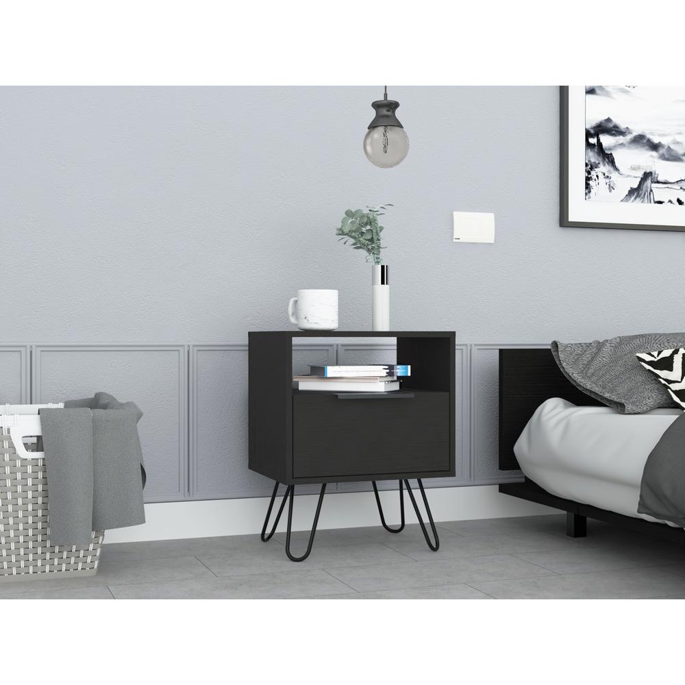 DEPOT E-SHOP Begonia Night Stand-Two Shelves, One-Door Drawer, Four Steel Legs-Black, For Bedroom