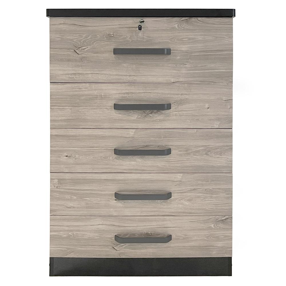 Better Home Products Xia 5 Drawer Chest of Drawers in Black Silver & Gray Oak