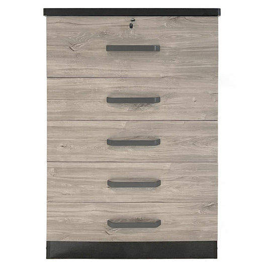 Better Home Products Xia 5 Drawer Chest of Drawers in Black Silver & Gray Oak