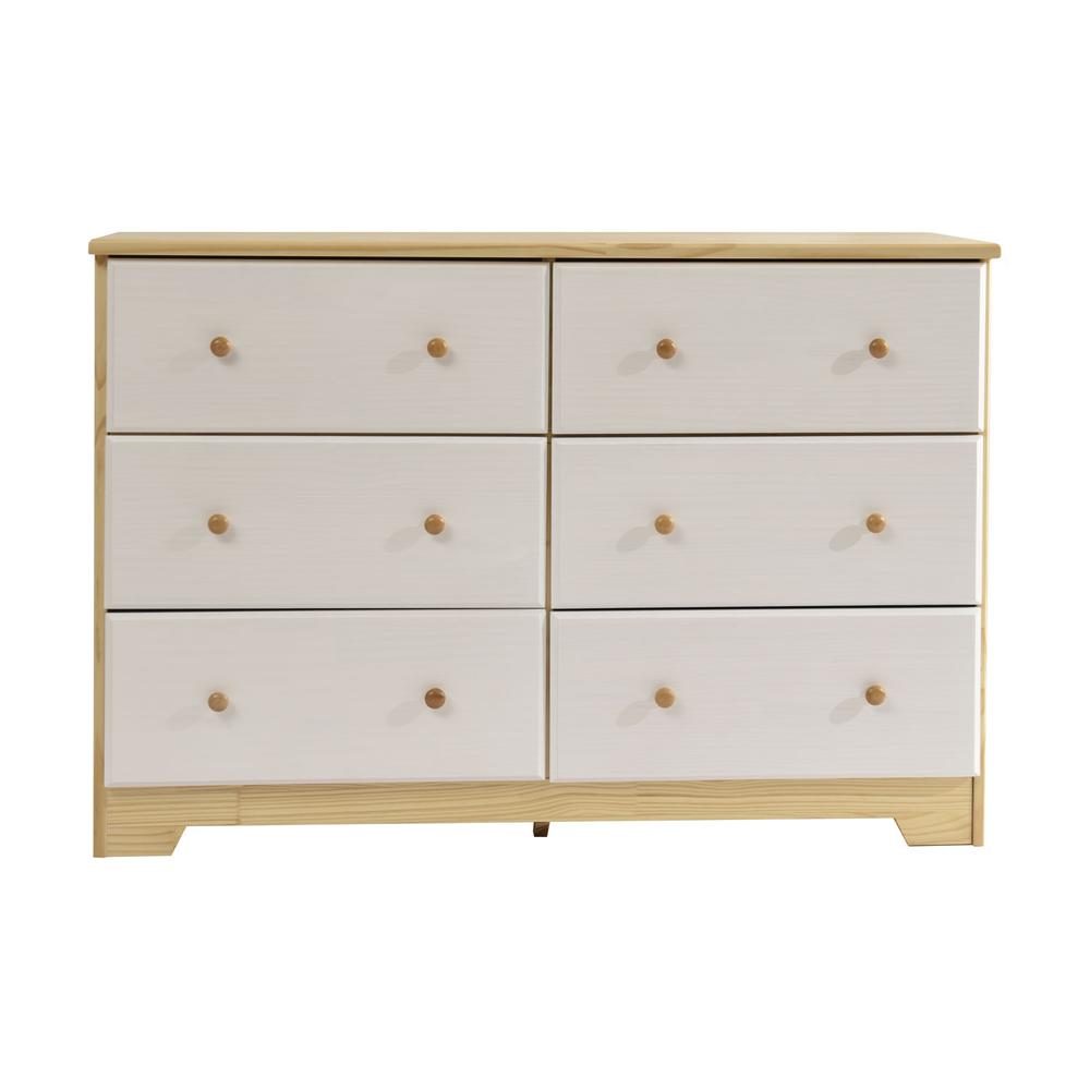 Better Home Products Solid Pine Wood 6 Drawer Double Dresser in Natural & White.