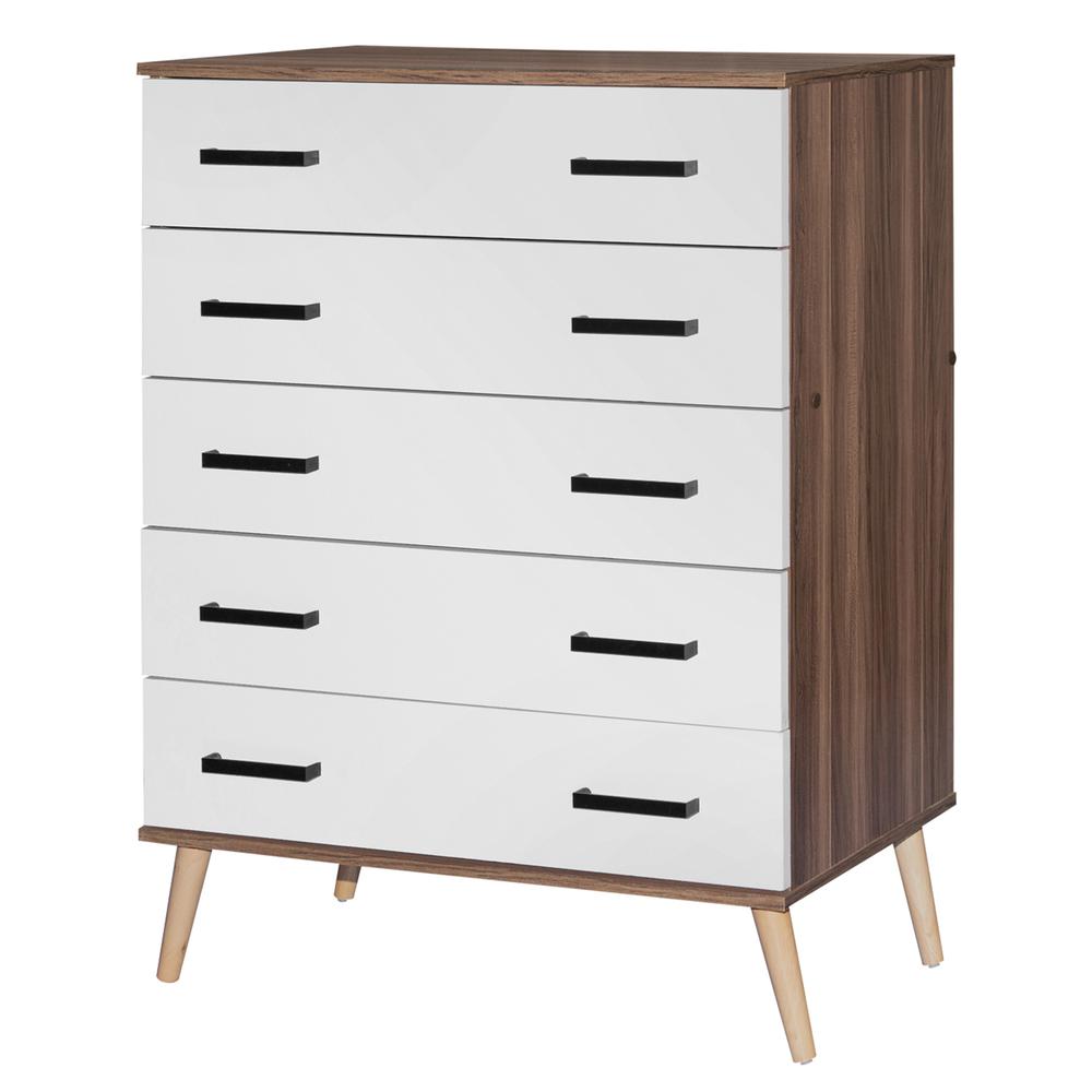 Better Home Products Eli Mid-Century Modern 5 Drawer Chest in Walnut & White