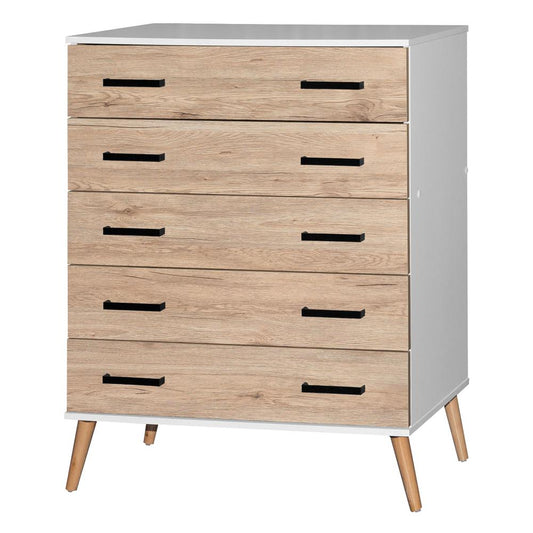 Better Home Products Eli Mid-Century Modern 5 Drawer Chest in White & Natural Oak