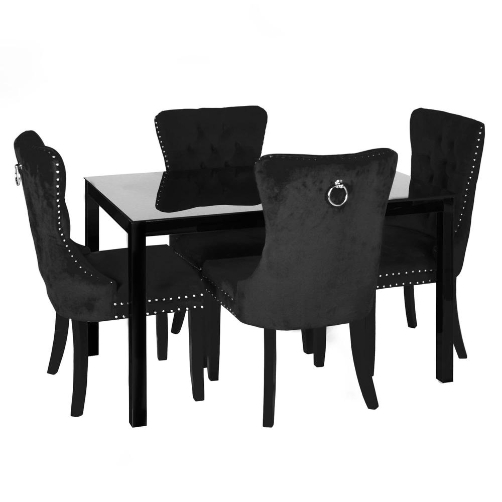 Better Home Products Lisa Glass Dining Table Set for 4 with Black Velvet Chairs