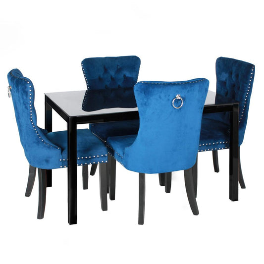 Better Home Products Lisa Glass Dining Table Set for 4 with Blue Velvet Chairs