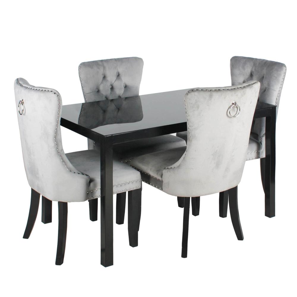 Better Home Products Lisa Glass Dining Table Set for 4 with Gray Velvet Chairs