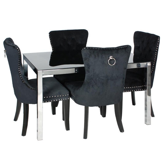 Better Home Products Lisa Chrome Dining Table Set for 4 with Black Velvet Chairs