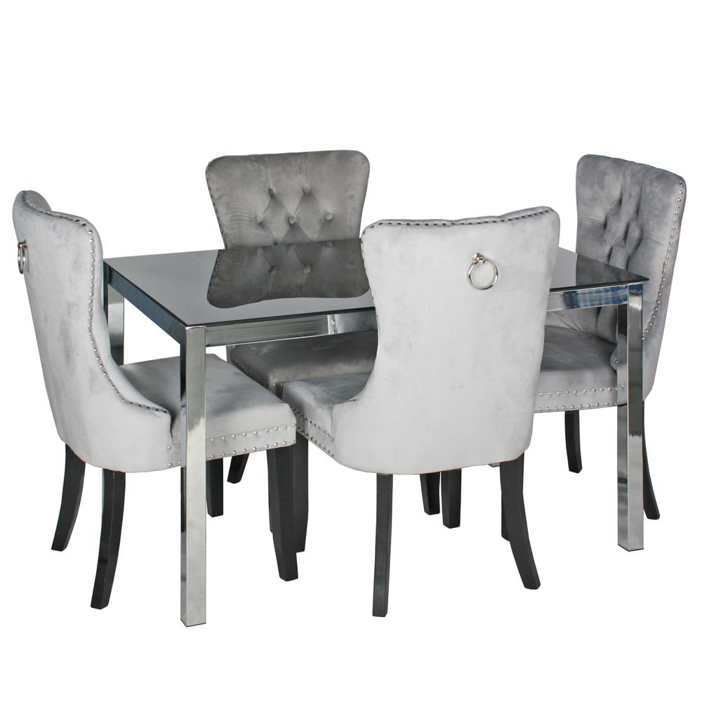 Better Home Products Lisa Chrome Dining Table Set for 4 with Gray Velvet Chairs