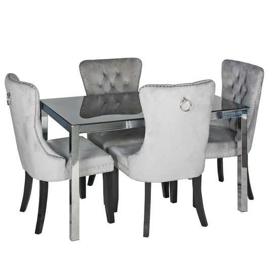 Better Home Products Lisa Chrome Dining Table Set for 4 with Gray Velvet Chairs