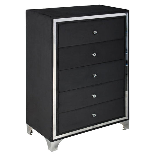 Better Home Products Monica Velvet Upholstered 5 Drawer Chest Dresser in Black