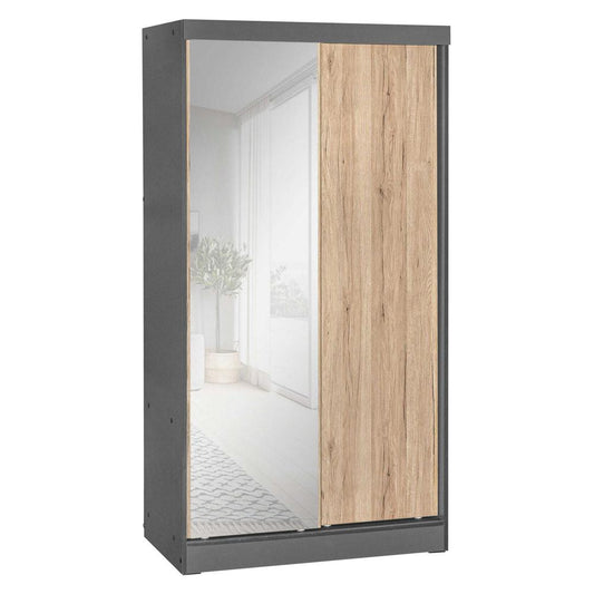 Better Home Products Mirror Wood Double Sliding Door Wardrobe Natural Oak /Gray