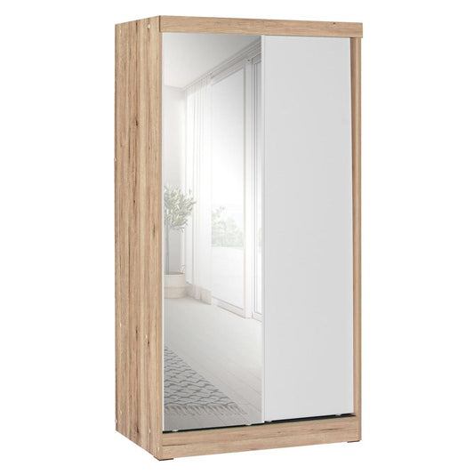 Better Home Products Mirror Wood Double Sliding Door Wardrobe White /Natural Oak