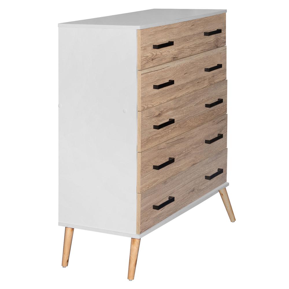 Better Home Products Eli Mid-Century Modern 5 Drawer Chest in White & Oak