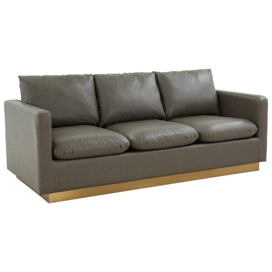 LeisureMod Nervo Modern Mid-Century Upholstered Leather Sofa with Gold Frame, Grey