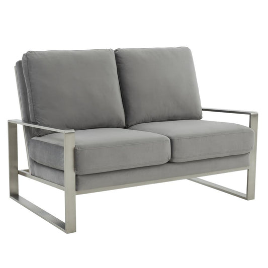 Leisuremod Jefferson Contemporary Modern Velvet Loveseat With Silver Frame, Light Grey