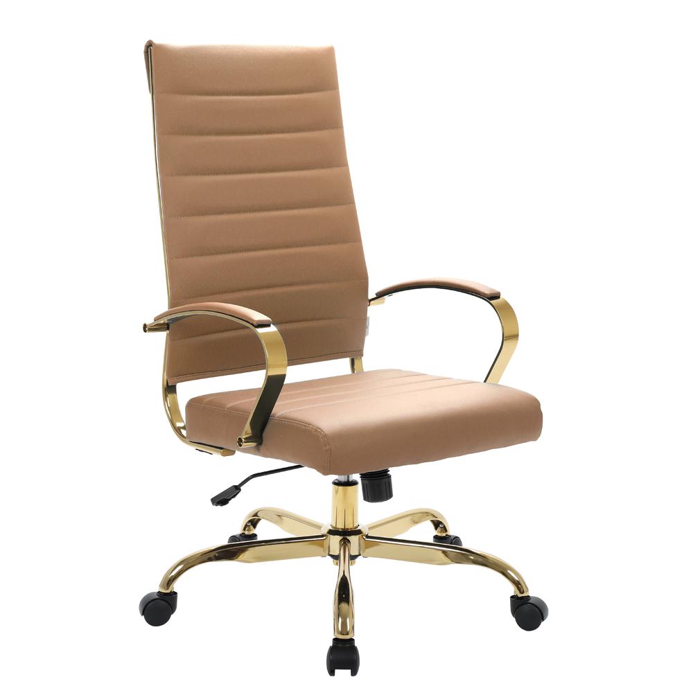 LeisureMod Benmar High-Back Leather Office Chair With Gold Frame, Light Brown