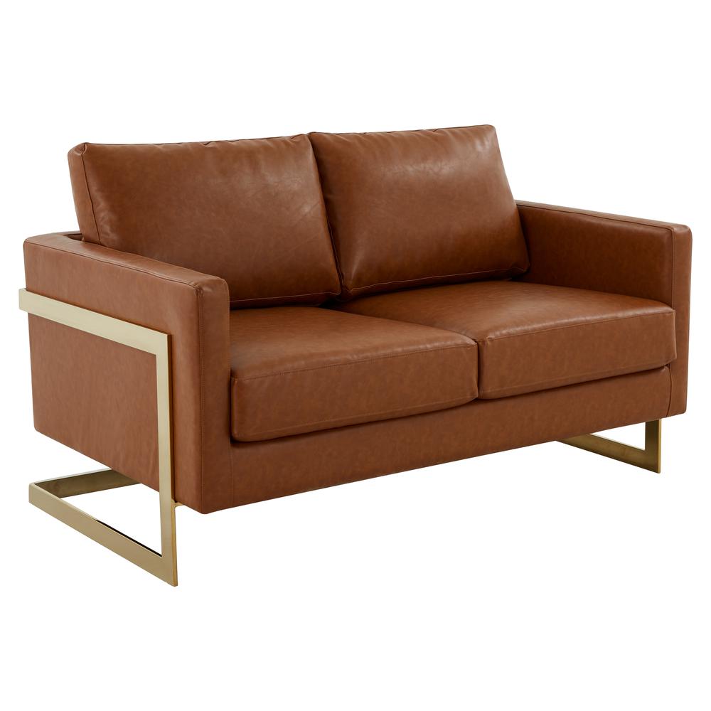 LeisureMod Lincoln Modern Mid-Century Upholstered Leather Loveseat with Gold Frame, Cognac Tan