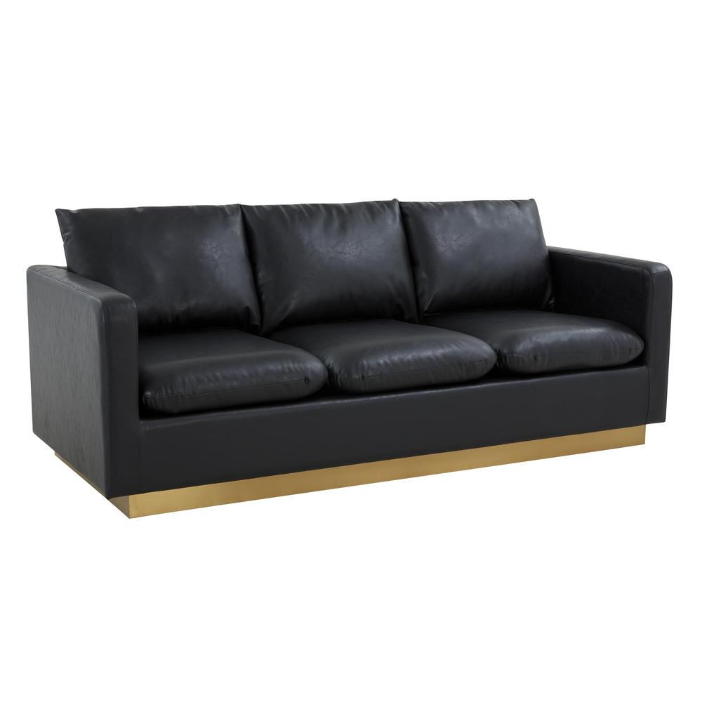 LeisureMod Nervo Modern Mid-Century Upholstered Leather Sofa with Gold Frame, Black