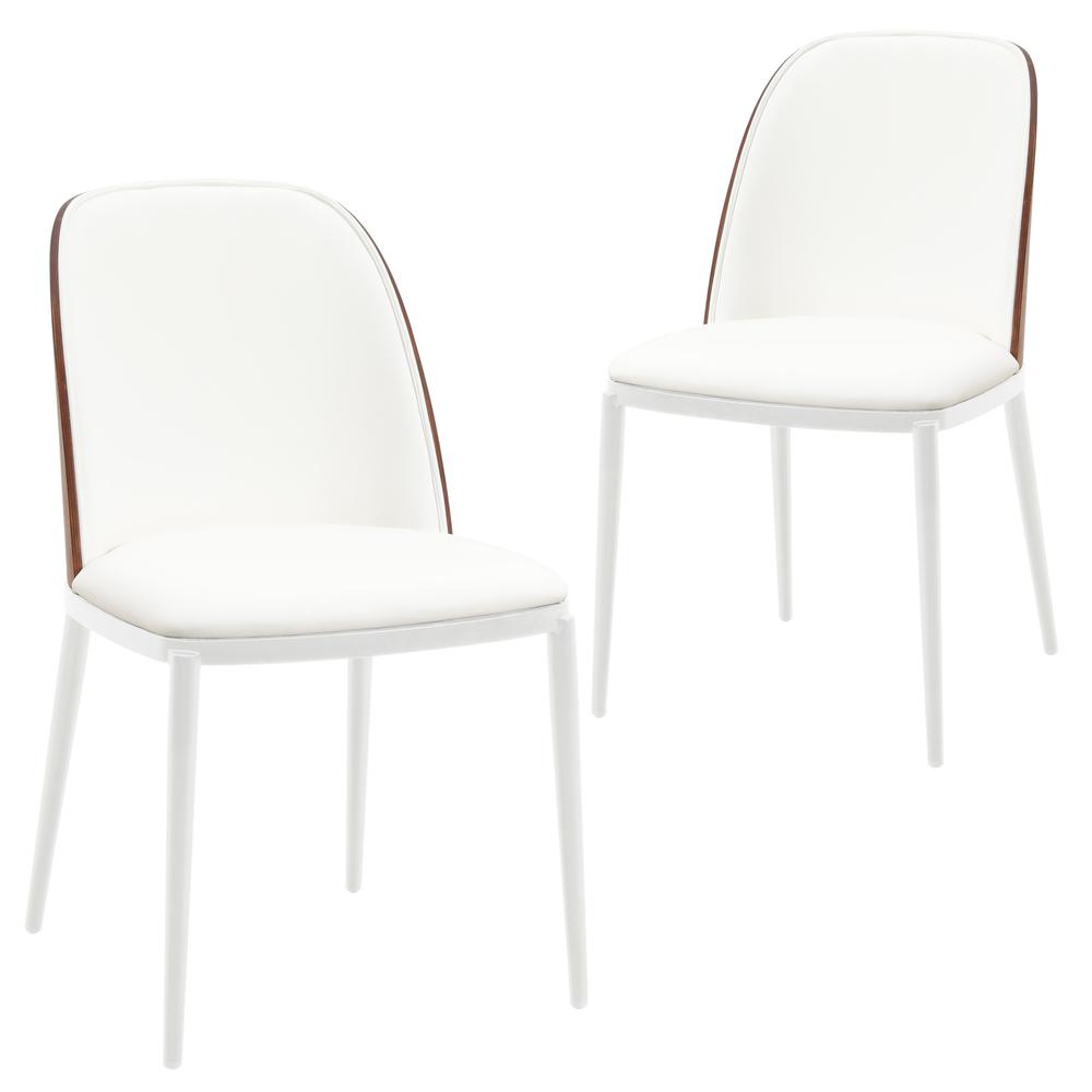 Dining Side Chair with Leather Seat and White Steel Frame, Set of 2