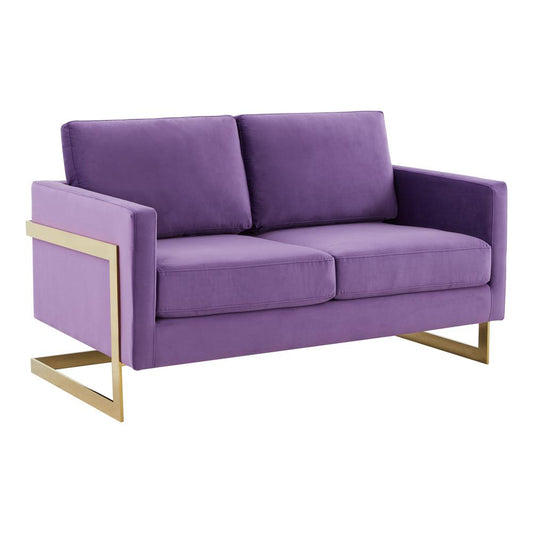 LeisureMod Lincoln Modern Mid-Century Upholstered Velvet Loveseat with Gold Frame, Purple