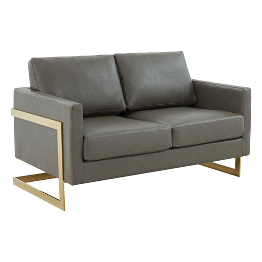 LeisureMod Lincoln Modern Mid-Century Upholstered Leather Loveseat with Gold Frame, Grey