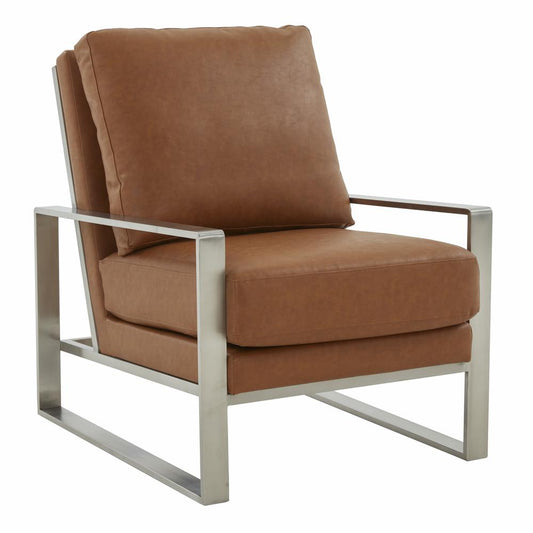 LeisureMod Jefferson Leather Modern Design Accent Armchair With Elegant Silver Frame, Cognac Tan