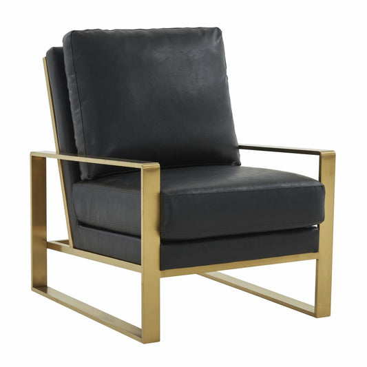 LeisureMod Jefferson Leather Modern Design Accent Armchair With Elegant Gold Frame, Black