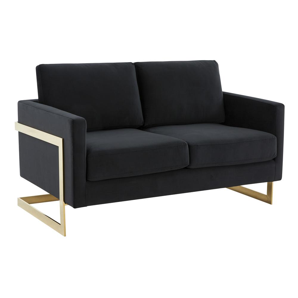 LeisureMod Lincoln Modern Mid-Century Upholstered Velvet Loveseat with Gold Frame, Midnight Black