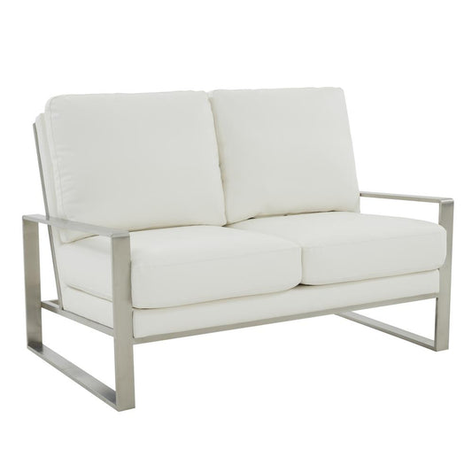 Leisuremod Jefferson Contemporary Modern Faux Leather Loveseat With Silver Frame, White