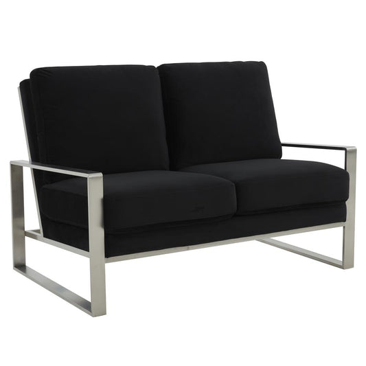 Leisuremod Jefferson Contemporary Modern Velvet Loveseat With Silver Frame, Black