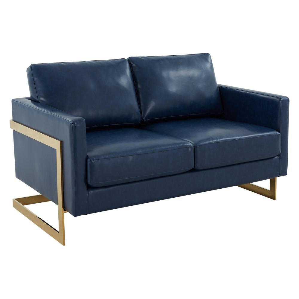 LeisureMod Lincoln Modern Mid-Century Upholstered Leather Loveseat with Gold Frame, Navy Blue