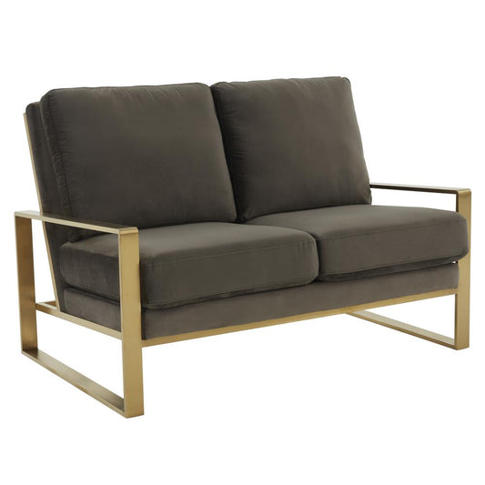 Leisuremod Jefferson Contemporary Modern Velvet Loveseat With Gold Frame, Dark Grey