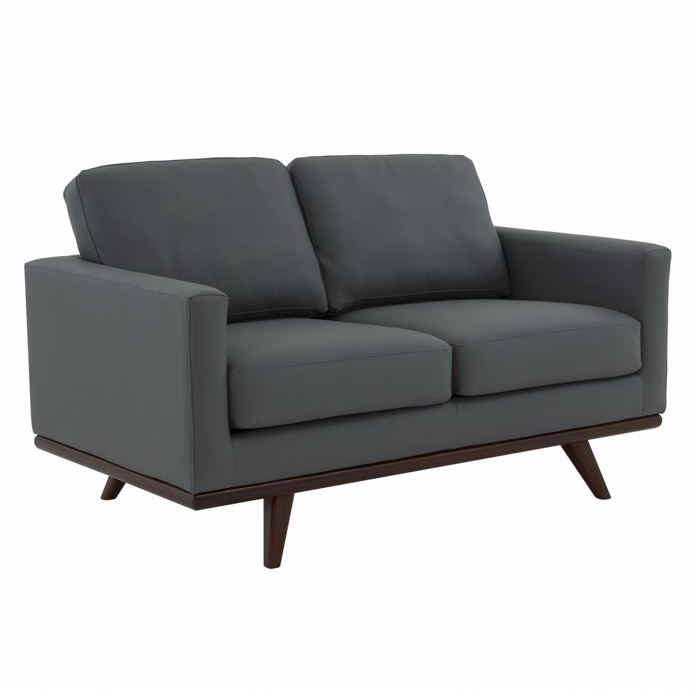 LeisureMod Chester Modern Leather Loveseat With Birch Wood Base, Grey