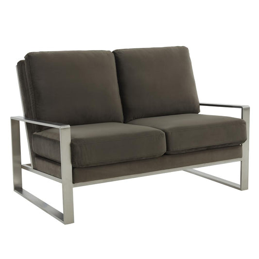 Leisuremod Jefferson Contemporary Modern Velvet Loveseat With Silver Frame, Dark Grey