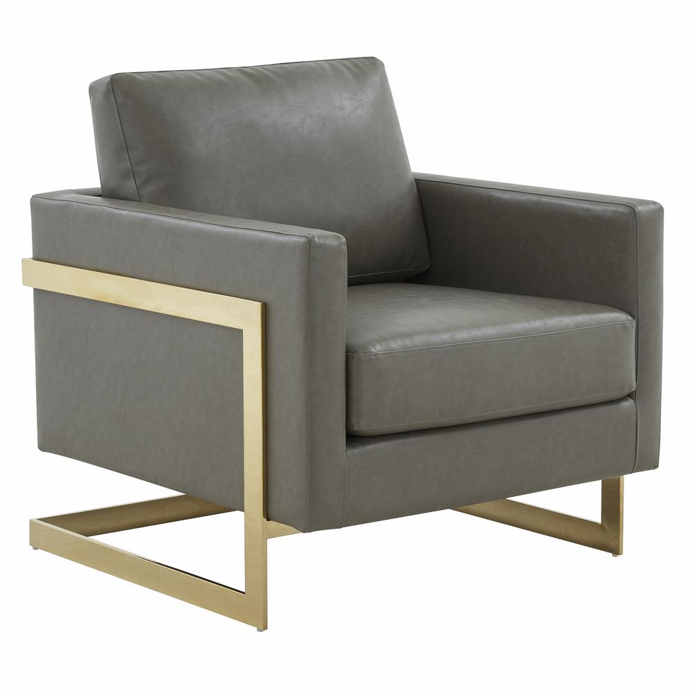 LeisureMod Lincoln Leather Accent Armchair With Gold Frame, Grey