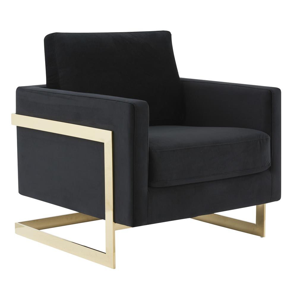 LeisureMod Lincoln Velvet Accent Armchair With Gold Frame, Midnight Black