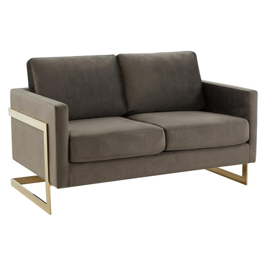 LeisureMod Lincoln Modern Mid-Century Upholstered Velvet Loveseat with Gold Frame, Dark Grey