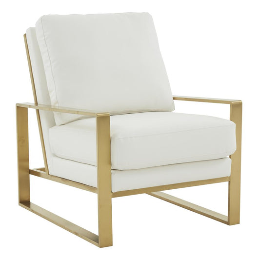 LeisureMod Jefferson Leather Modern Design Accent Armchair With Elegant Gold Frame, White