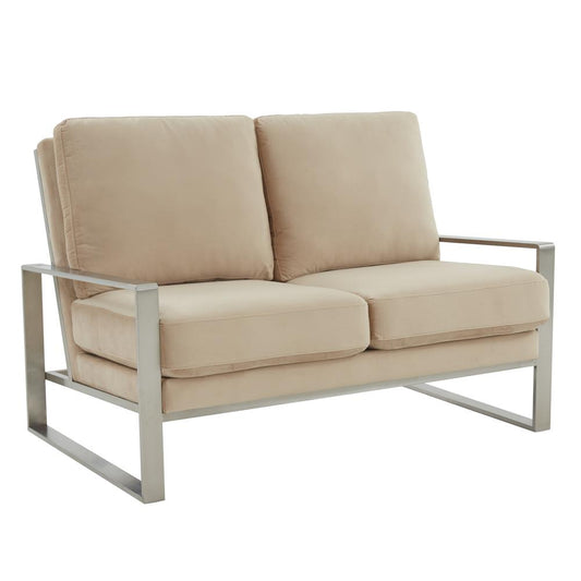 Leisuremod Jefferson Contemporary Modern Velvet Loveseat With Silver Frame, Beige