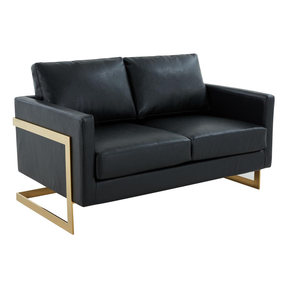 LeisureMod Lincoln Modern Mid-Century Upholstered Leather Loveseat with Gold Frame, Black