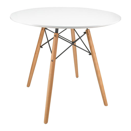 LeisureMod Dover Round Bistro Wood Top Dining Table W/ Natural Wood Eiffel Base White