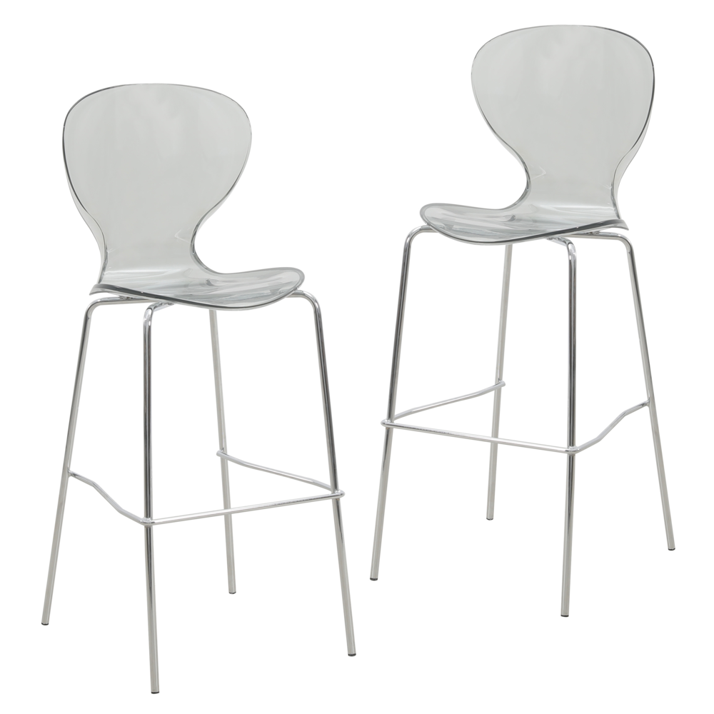 Oyster Acrylic Barstool with Steel Frame in Chrome Finish Set of 2 in Smoke