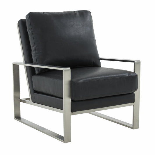 LeisureMod Jefferson Leather Modern Design Accent Armchair With Elegant Silver Frame, Black