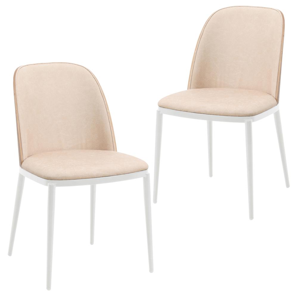 Dining Side Chair with Leather Seat and White Steel Frame, Set of 2