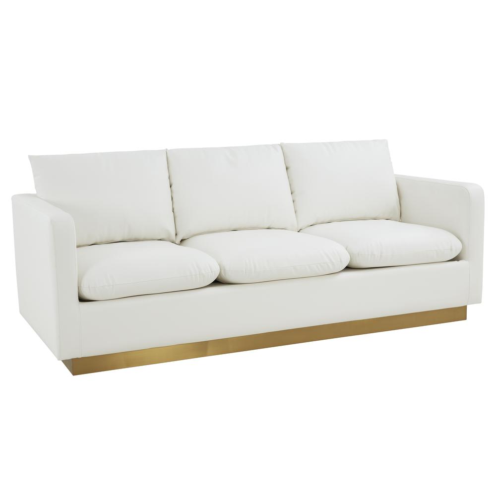 LeisureMod Nervo Modern Mid-Century Upholstered Leather Sofa with Gold Frame, White