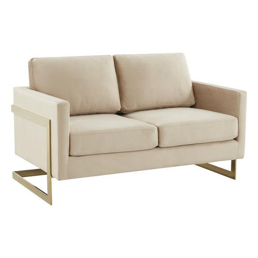 LeisureMod Lincoln Modern Mid-Century Upholstered Velvet Loveseat with Gold Frame, Beige