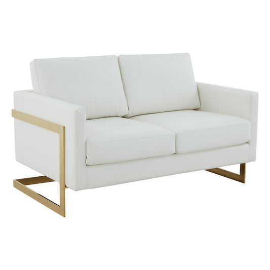 LeisureMod Lincoln Modern Mid-Century Upholstered Leather Loveseat with Gold Frame, White