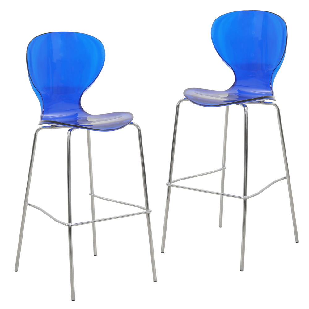 Barstool with Steel Frame in Chrome Finish Set of 2 in Transparent Blue